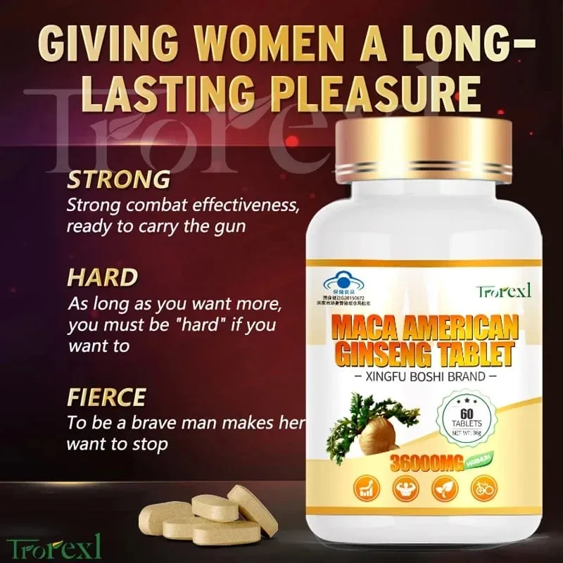 Pó orgânico de raiz de maca com suplemento de extrato de ginseng para saúde de homens e mulheres - pílulas veganas para melhorar a potência