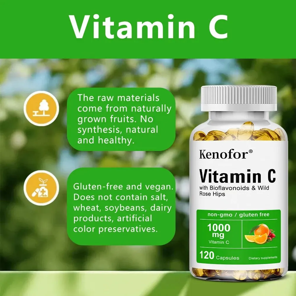 Vitamina C 1000 mg - com Rosa Mosqueta Cítrica Suporte Imunológico Produção de Colágeno Antioxidante para a Saúde da Pele 120 Cápsulas