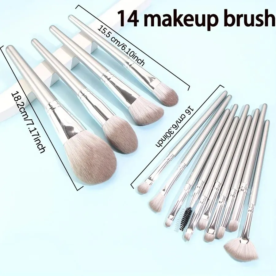 Conjunto de pincéis de maquiagem profissional prateado de 14 peças | Inclui 2 puffs de veludo de pelúcia + 2 esponjas de mistura | Escova Vegan Cruelty-Free Co.