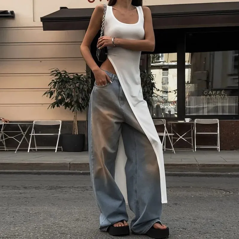 Verão personalidade tendência magro ajuste cor sólida rua nicho irregular assimétrico bainha sem mangas vestido colete