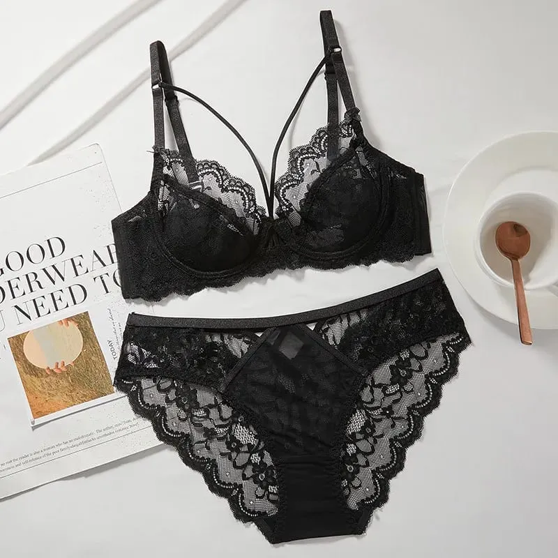 Ladies New Thin Lace Lingerie Set Soft Underwire Bra Push Up Support Bust Minimizing Anti Sagging Soft Comfort Wear 32-42