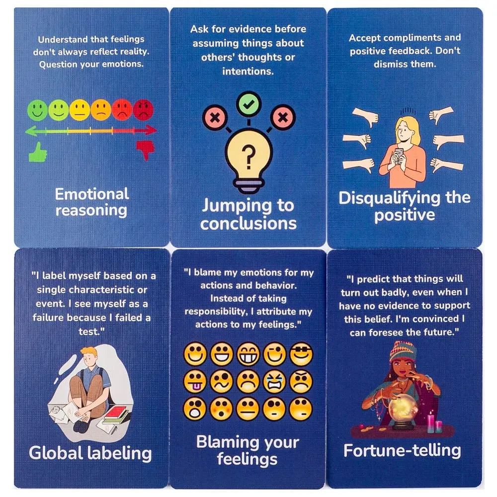 50 flashcards de distorção cognitiva identificam armadilhas de pensamento estratégias práticas de bem-estar mental jogo de tabuleiro de gerenciamento emocional