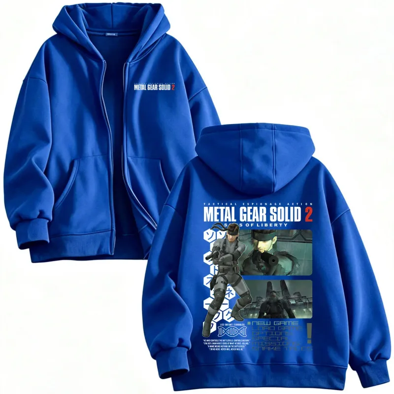 Metal Gear Solid 2 Sons of Liberty MGS2 Solid Snake Game Zipper Hoodies Men Women Fleece Zip Up Hooded Sweatshirts Jackets Coats