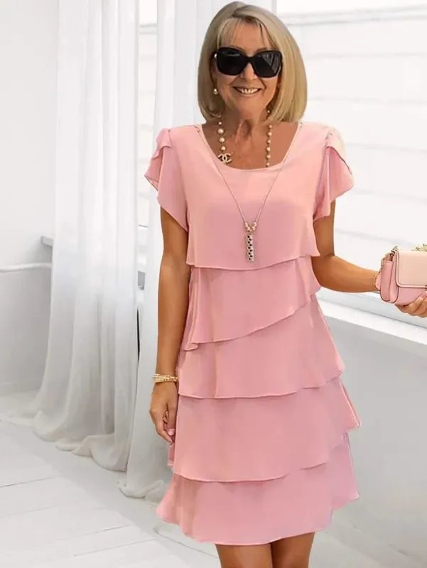 Women's Solid Color Round Neck Short Sleeve Casual Multi-Layered Mini Dress — image 2
