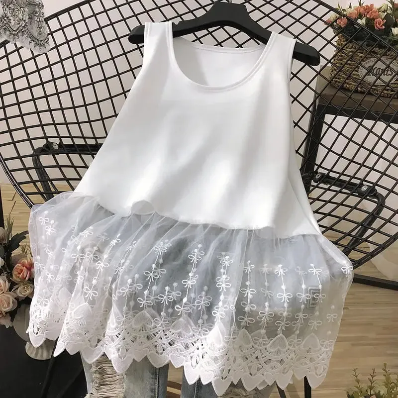 Rua casual rendas retalhos tanques verão nova sem mangas cor sólida solta juventude branco t camisa topos moda tendência roupas femininas