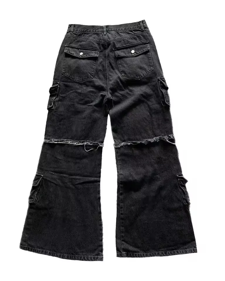 Y2k preto multi bolso carga calças de brim das mulheres dos homens perna larga angustiado bainha desgastada bolsos botão detalhe baggy streetwear calças