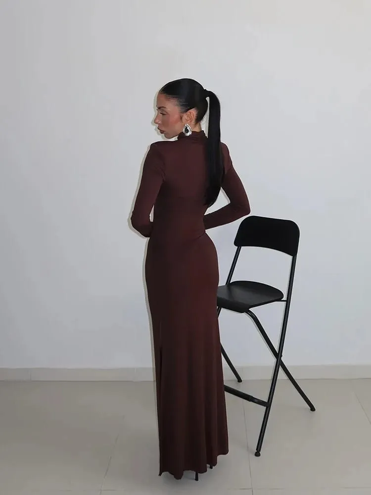 Ahagaga sexy bainha vestidos maxi femininos sólido gola alta regular mangas compridas oco para fora magro ajuste bodycon festa vestidos robes