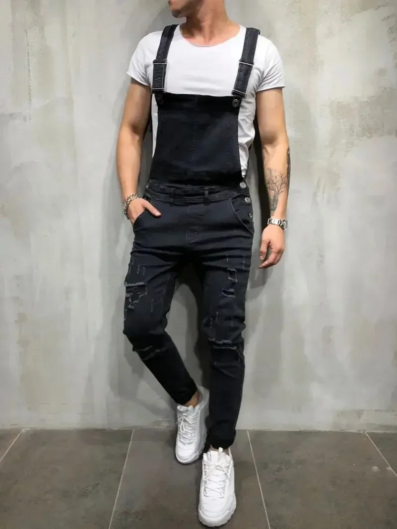 Men Jeans Jumpsuits Denim Overalls Distressed Pockets One Piece Pencil Pants Solid Washed Ankle Length Safari Style Spliced