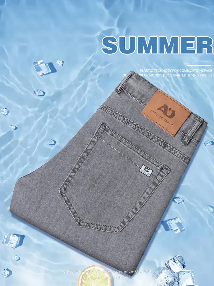 Verão fino masculino solto calças de brim retas lyocell macio drape negócios calças casuais fumaça cinza gelo seda calças plus size 40 42