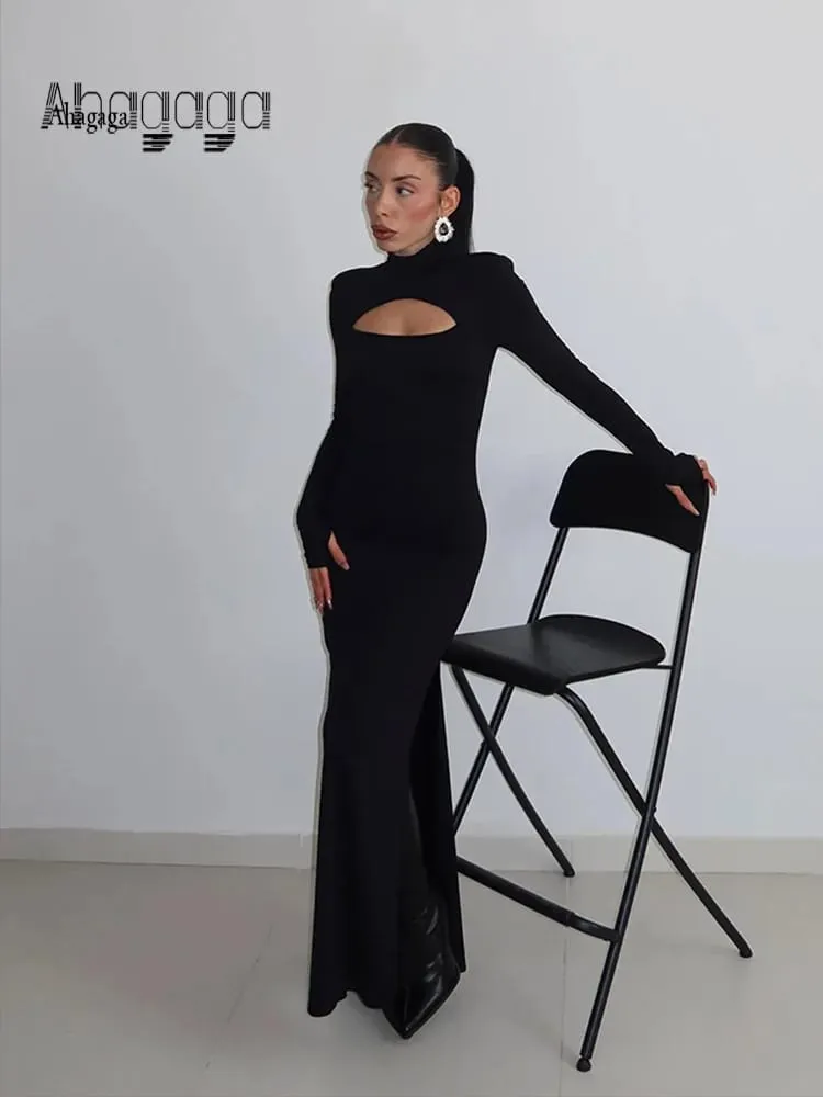 Ahagaga sexy bainha vestidos maxi femininos sólido gola alta regular mangas compridas oco para fora magro ajuste bodycon festa vestidos robes