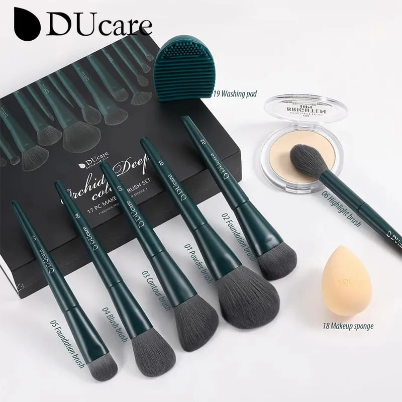 Ducare kits de pincéis de maquiagem profissional cabelo sintético 17 peças com esponja e ferramentas de limpeza almofada para base cosmética sombra