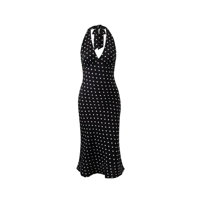 Tuularose Polka Dot Hanging Neck Long Dress Women Elegant Strapless Sexy Lace-up Sleeveless Backless Fashion Club Party Dresses
