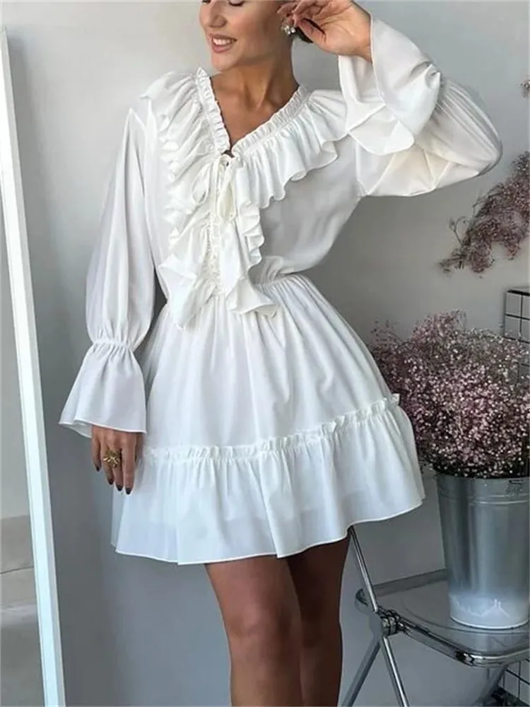 Tossy 荷葉邊 V 領白色迷你連身裙女拼布長袖優雅繃帶時尚連身裙高腰繫帶女式連身裙 — image 3