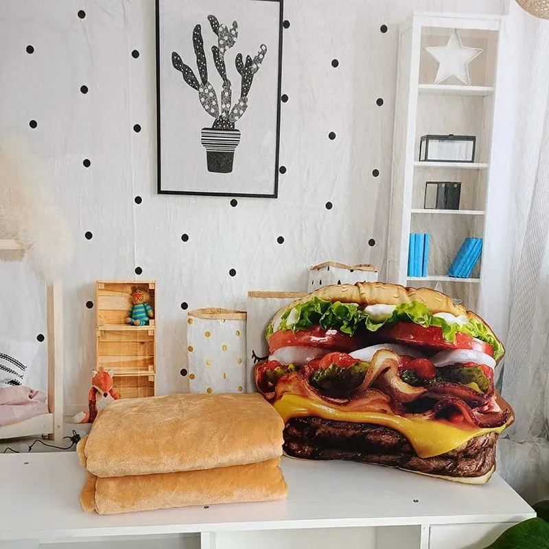 Lifelike Plush Hamburger Pillow Toy Simulation Stuffed Fast Food Hamburger Throw Pillow with Blanket 2 In 1 Cushion