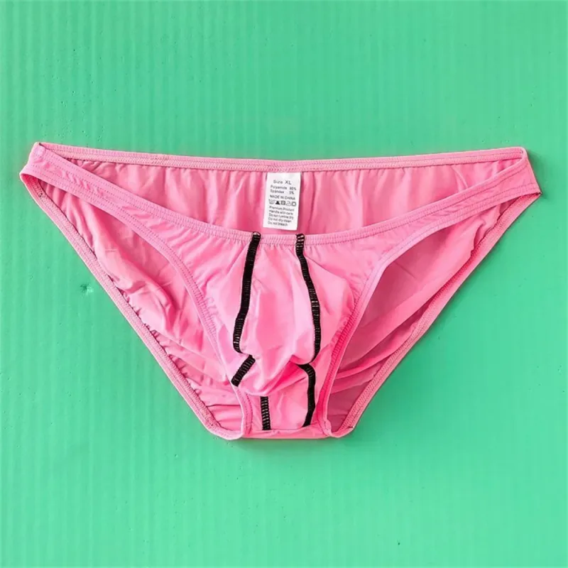 Two Line Stripe Ice Silk Briefs for Men Plus Size Underwear Sexy U Convex Lingerie Low Waist Bugle Pouch Male Panties