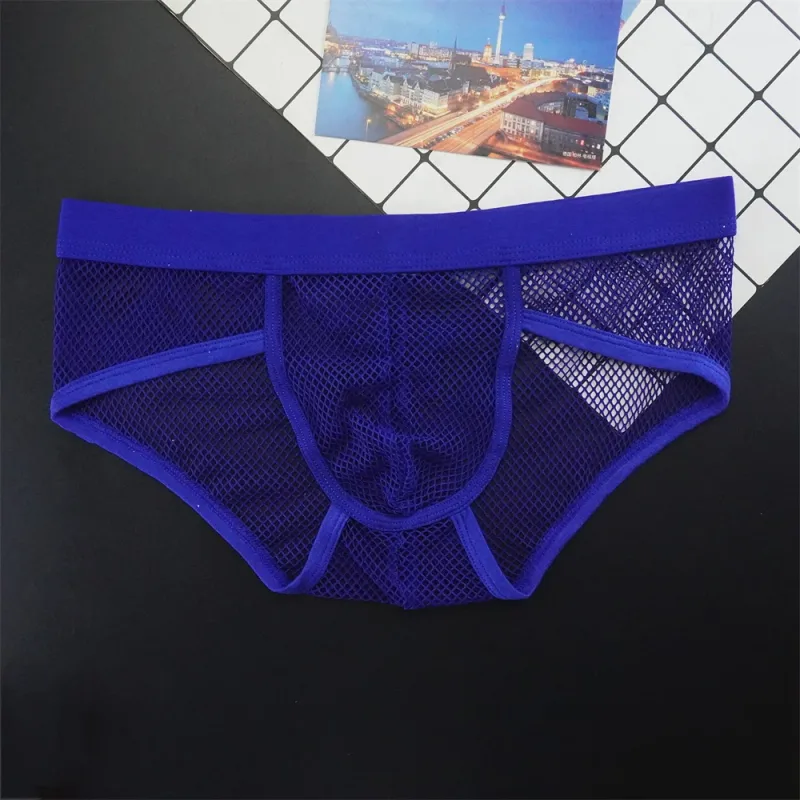 Plus size malha roupa interior masculina transparente grande fishnet u bolsa briefs masculino cintura baixa cor sólida sexy perspectiva calcinha masculina