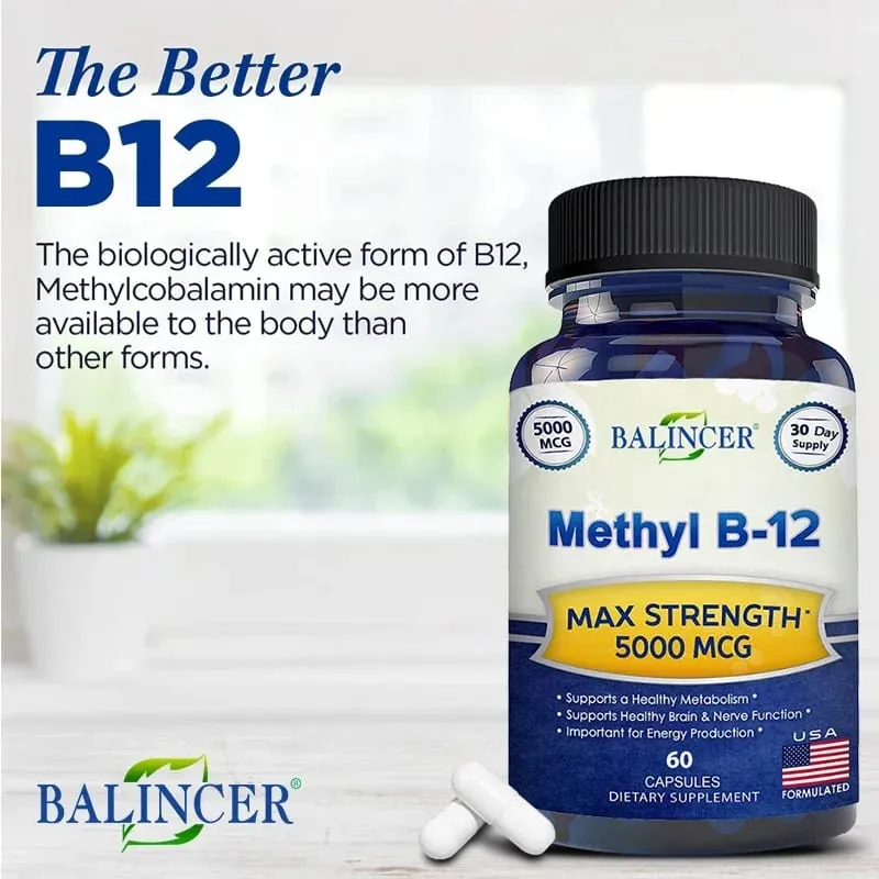 維生素 B12 - 5000 MCG 補充品 - 有益於大腦和心臟功能 支持記憶 學習有助於增強自然能量