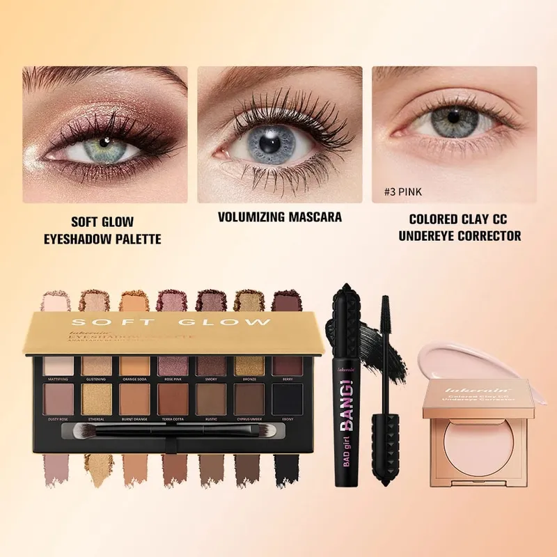3pcs/set CC Full Coverage Undereye Color Corrector Glow Eyeshadow Palettes Volumizing Mascara Lasting Beauty Eyes Makeup Kit