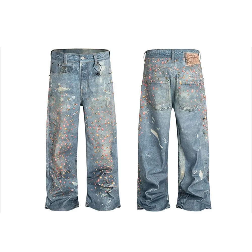 Calça jeans masculina com estampa 3d cheia de diamantes, reta, lavada, desgastada, brilhante, diamon, hip hop, solta, baggy