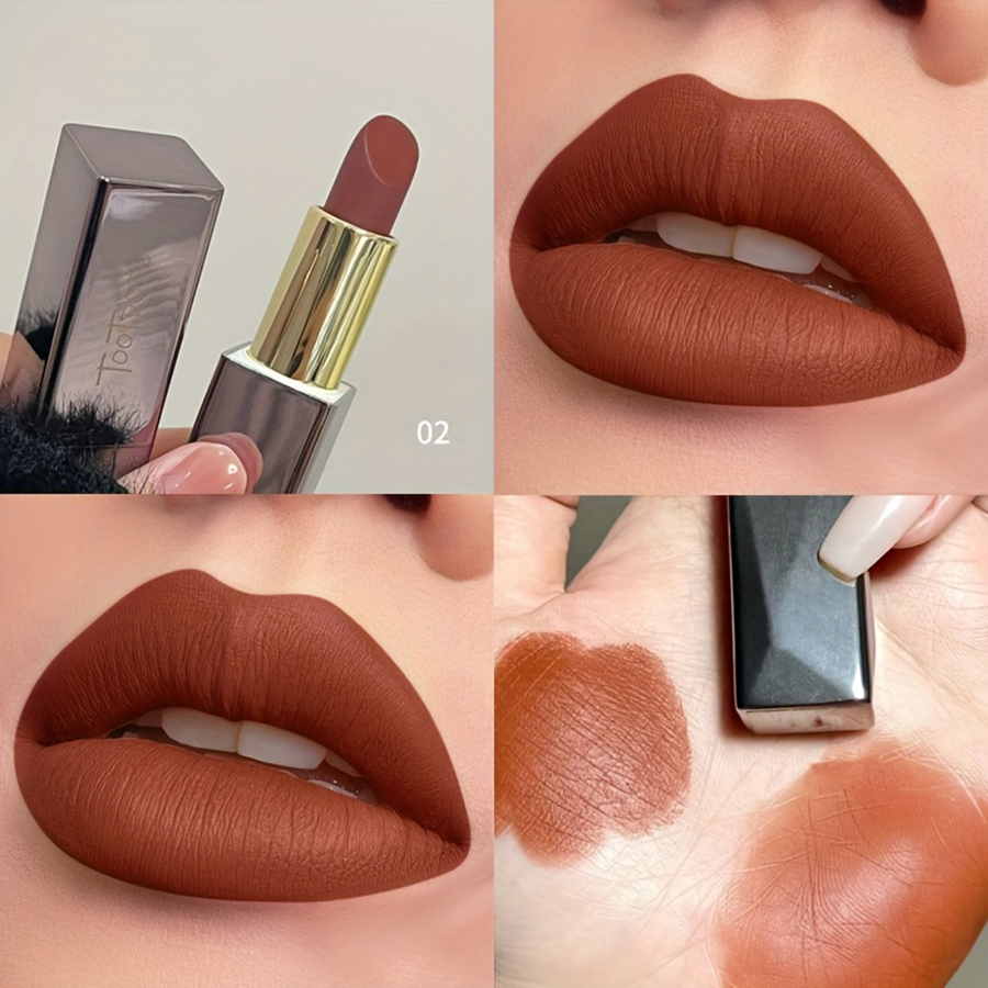 Disponível em 3 tons de batom fosco veludo fosco à prova d'água brilho labial que não desbota que realça a cor e ilumina os lábios.