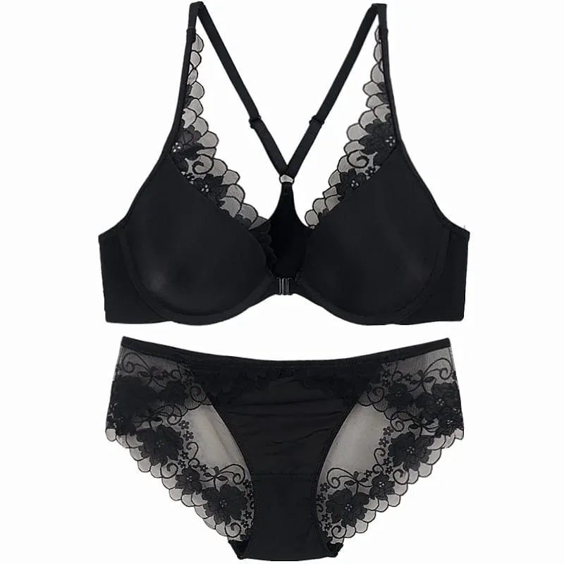 Sutiãs femininos sexy de alta qualidade e breve conjunto de duas peças frontal fechado push up renda A B C copo fio lingerie de verão roupa íntima preta