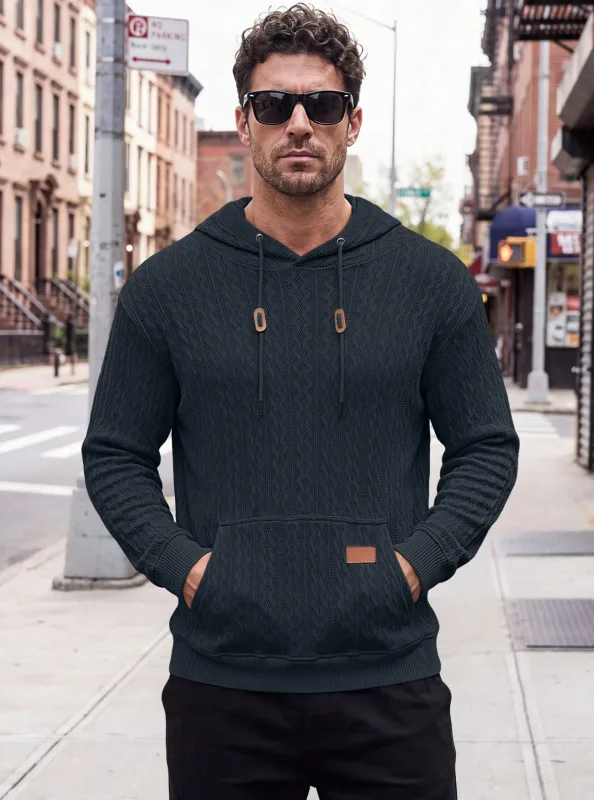 Men Thin Cable Knit Hooded Sweatshirt Drawstring Hood Kangaroo Pocket Long Sleeve Loose Casual Pullover Autumn Daily Street Tops