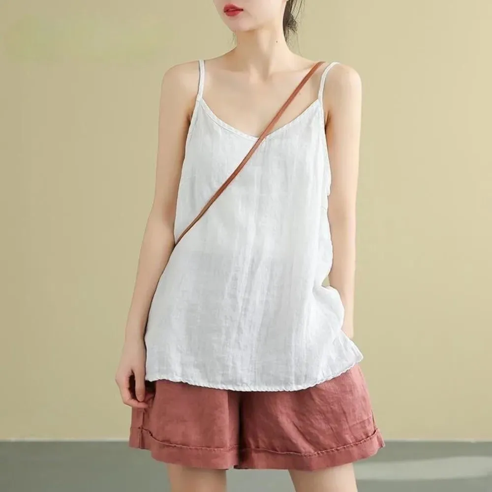 Top básico de algodão com alça espaguete, decote em V, sem mangas, regata solta, respirável, camis, roupa de verão — image 9
