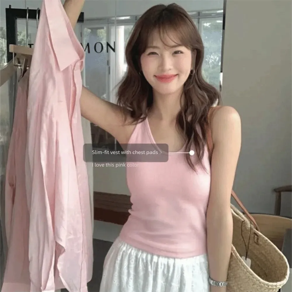 Estilo coreano com almofada no peito cinta colete u-pescoço cor sólida sem costas sem mangas superior emagrecimento feminino camis verão