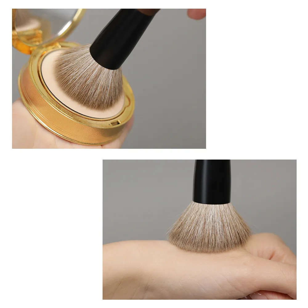 T108 pincéis de maquiagem profissionais feitos à mão, cabelo de cabra natural, pincel de pó facial curto, cabo de madeira de ébano, pincel de maquiagem