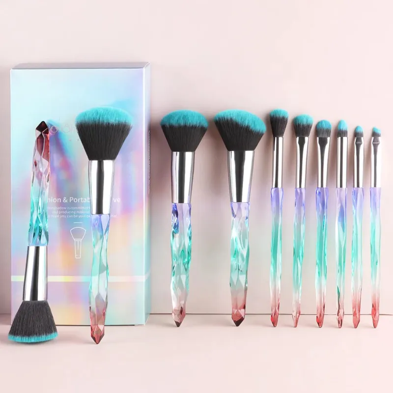 10 pçs brilhante cristal lidar com escova de maquiagem conjunto com caso redondo solto pó escova & plana fundação escova para maquiagem dos olhos