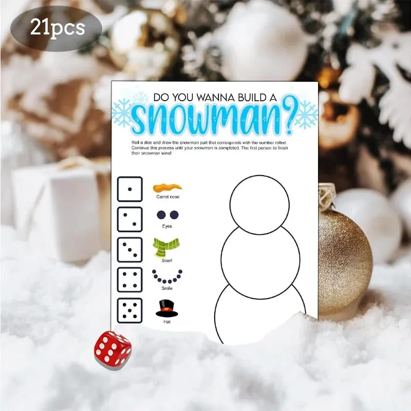 21 pçs natal rolar um boneco de neve cartas de jogo conjunto de jogo de rolamento de dados jogo de desenho de boneco de neve festa de família e jogo de festa de férias