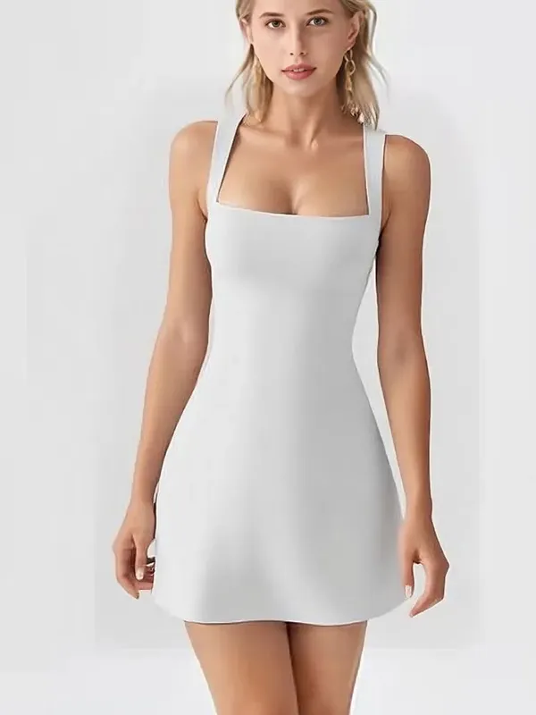 Simples cor sólida deslizamento vestido de verão elegante pescoço quadrado sem mangas curto dresst moda versátil casual magro ajuste vestido