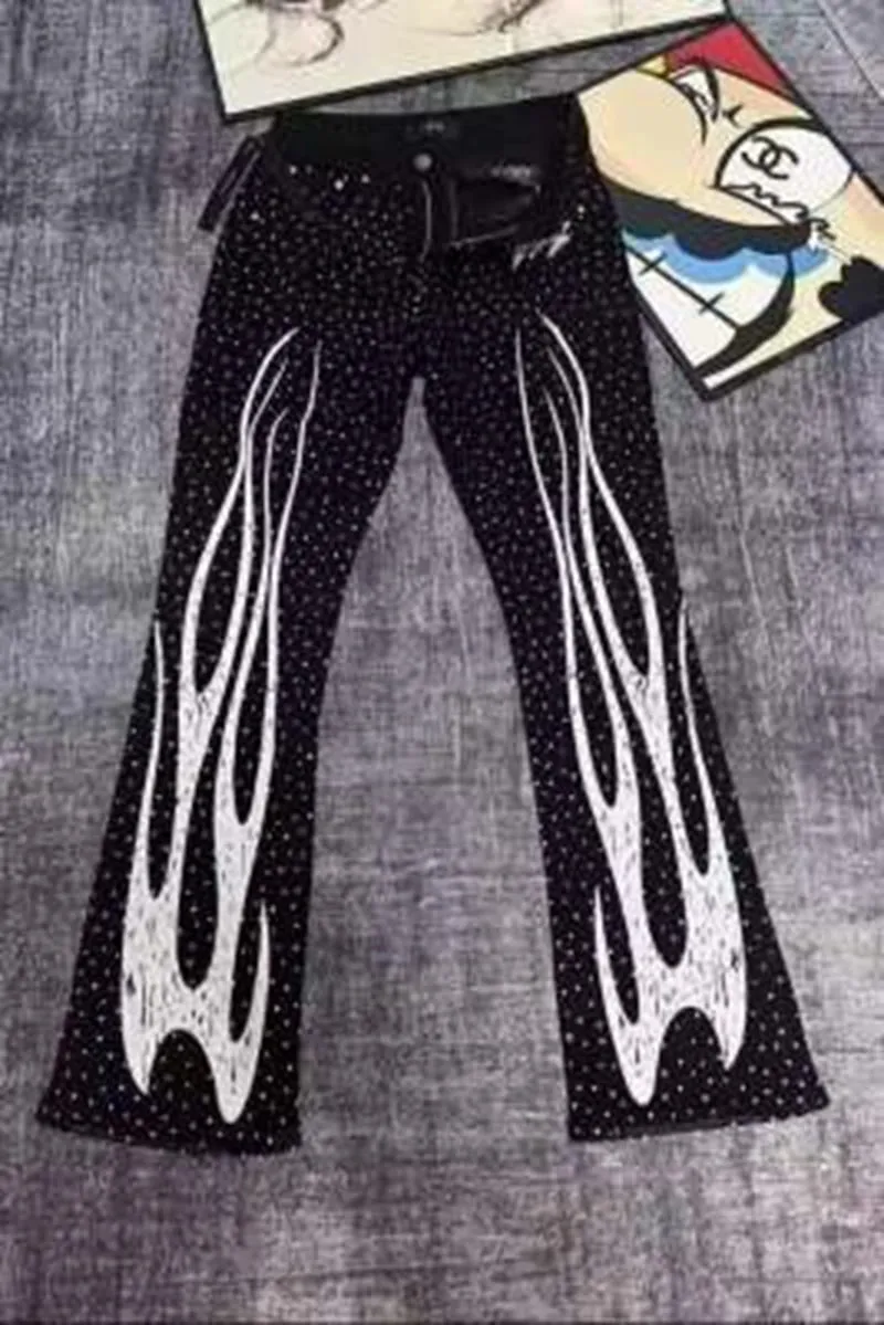 Punk chama streetwear sólido casual calças jeans palco dança strass impressão lavado preto baggy jeans hiphop casual denim pa
