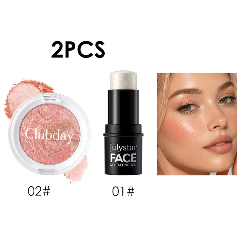 Conjunto combinado de blush e destaque, acabamento orvalhado luminoso, cor edificável, uso de longa duração para maquiagem facial com brilho natural