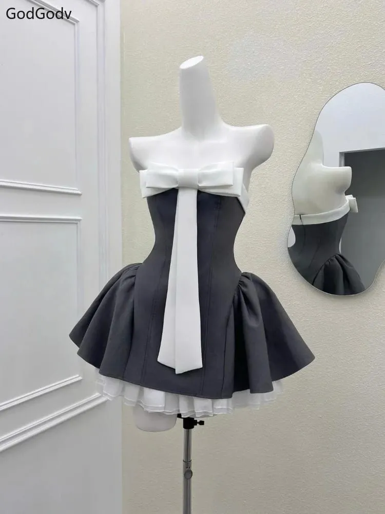 Summer New Vintage Elegant Woman Dress Strapless Bow Patchwork High Waist Puffy Mini Dress Female French Chic Sexy Outfits 2025