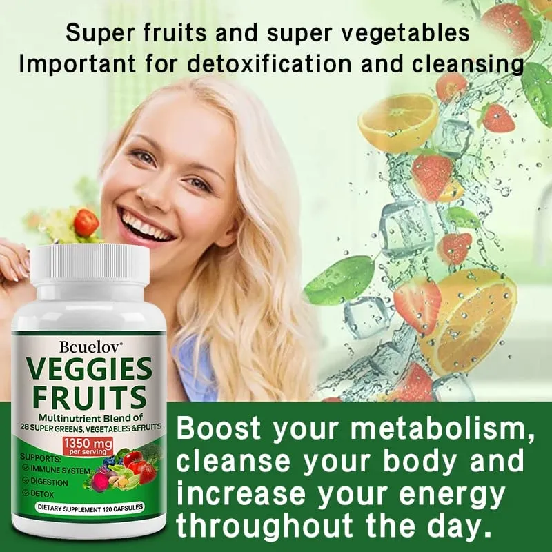 Suplemento de frutas e vegetais de 1350 mg - 28 nutrientes complexos - aumenta a desintoxicação da digestão e o suporte imunológico