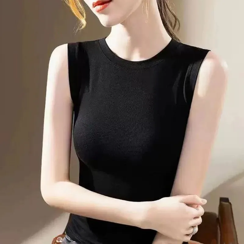 1 pçs primavera verão feminino malha regata menina fina topos senhora básico casual regata gola redonda camisetas sem mangas topo m ~ 3xl