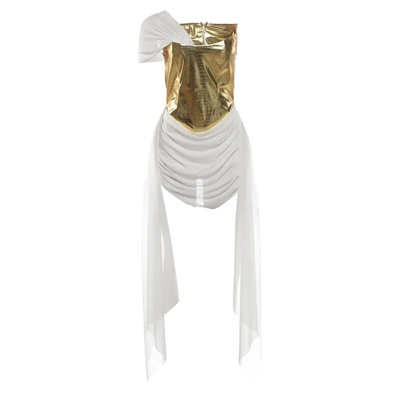 Estranho puss retalhos espartilho vestido feminino zip irregular borla malha fita de um ombro aniversário estiramento clubwear mini bodycon
