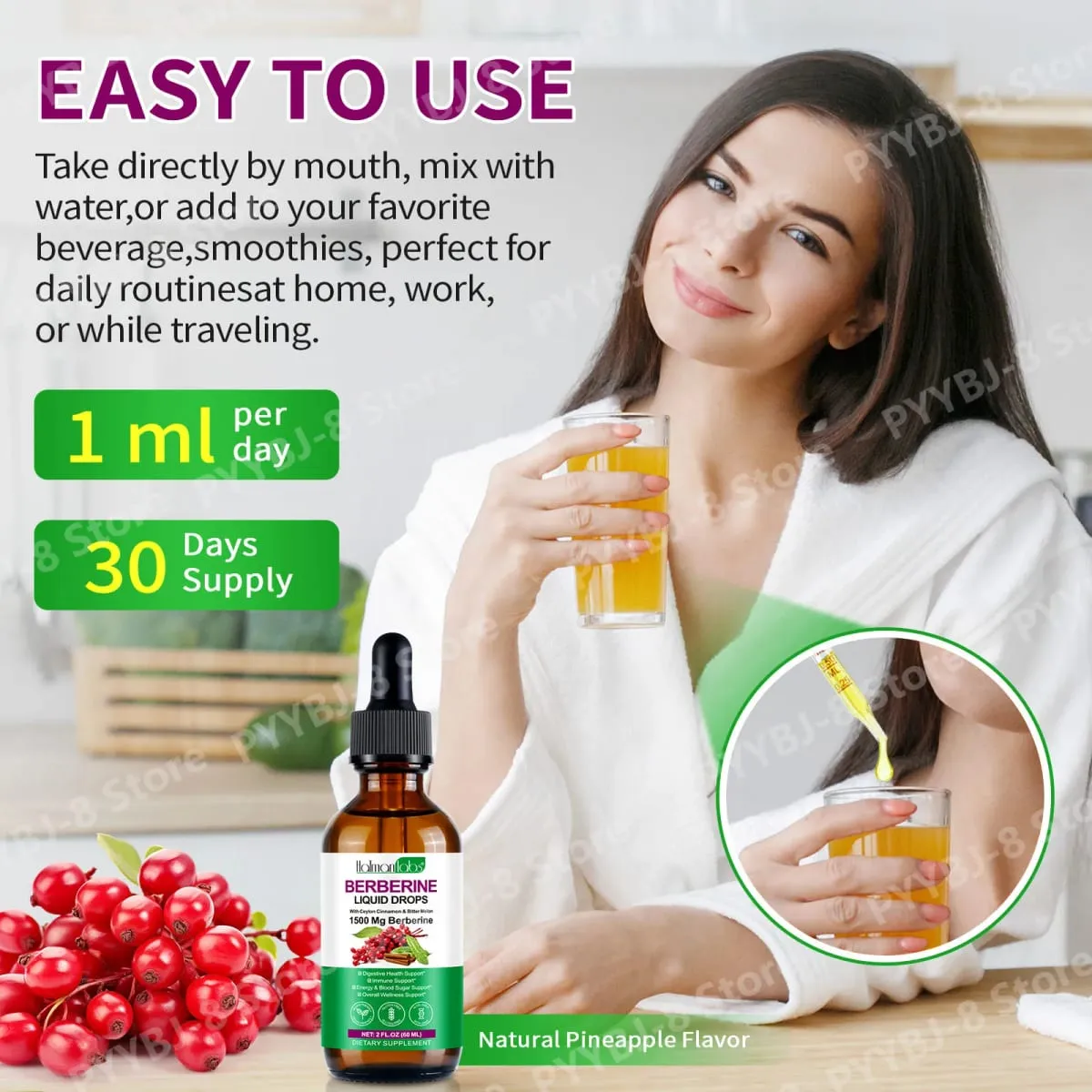 Gotas líquidas de berberina Holmanlabs com canela do Ceilão e melão amargo Suporte à saúde digestiva 1500 mg Vegano não OGM 60 ML