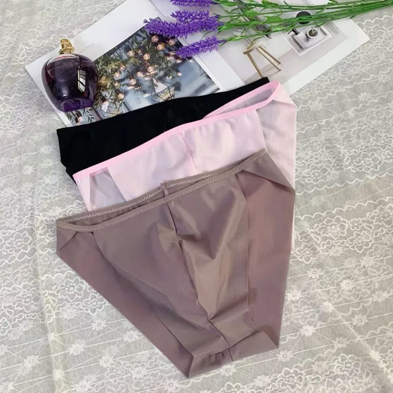 Confortável protuberância bolsa masculina alta corte transparente calcinha de malha cuecas moda sem costura lingerie homem