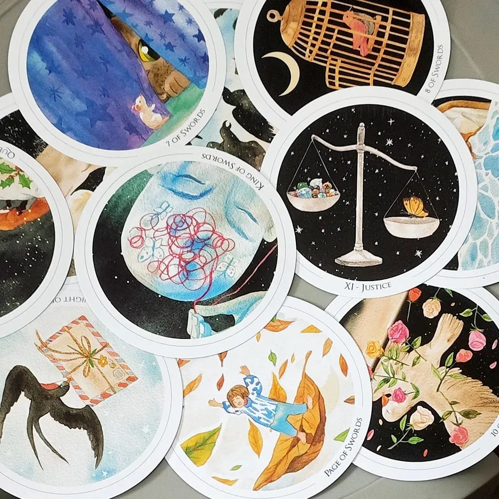 8.8*8.8cm duplo-relevo suave universo tarô baralho 78 peças circulares redondas cartas de tarô aquarela arte bruxaria em caixa rígida