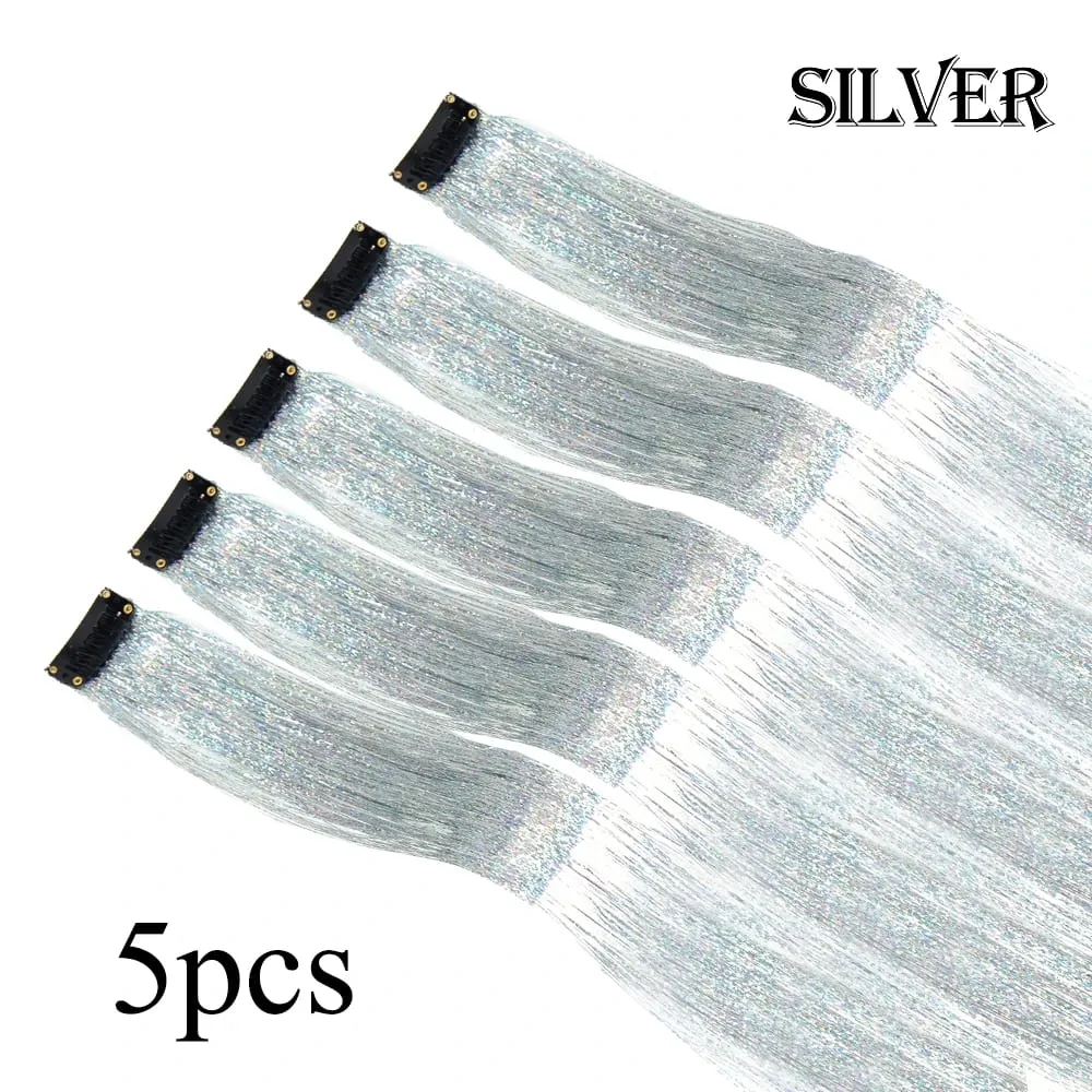 Atacado 5 unidades/pacote espumante brilhante extensões de cabelo clipe em brilho brilhante cabelo enfeites arco-íris brilhante brilho cabelo ouropel rosa/vermelho