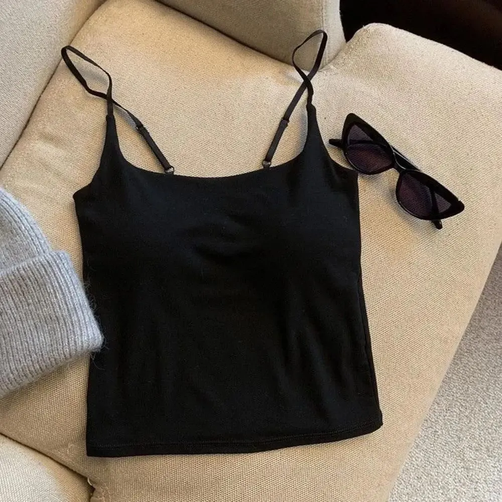 Básico sólido camis casual sem mangas cinta de espaguete colheita topo quadrado pescoço regatas com sutiã embutido y2k roupas femininas verão — image 9