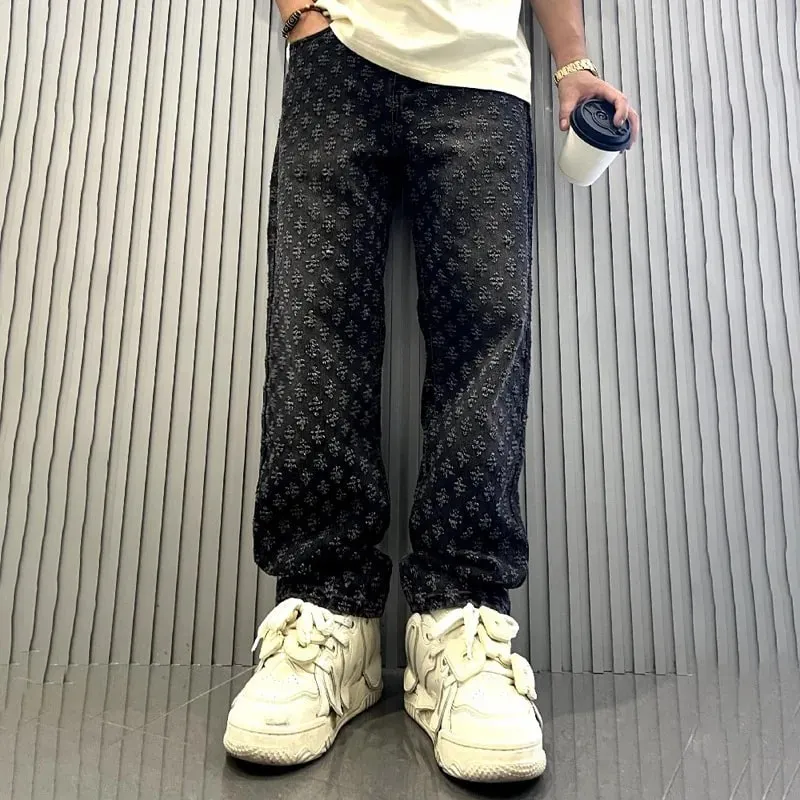 Jacquard Pattern Denim Pants Male Straight Fitting Baggy Bottoms Distressed Wide Jeans For Men