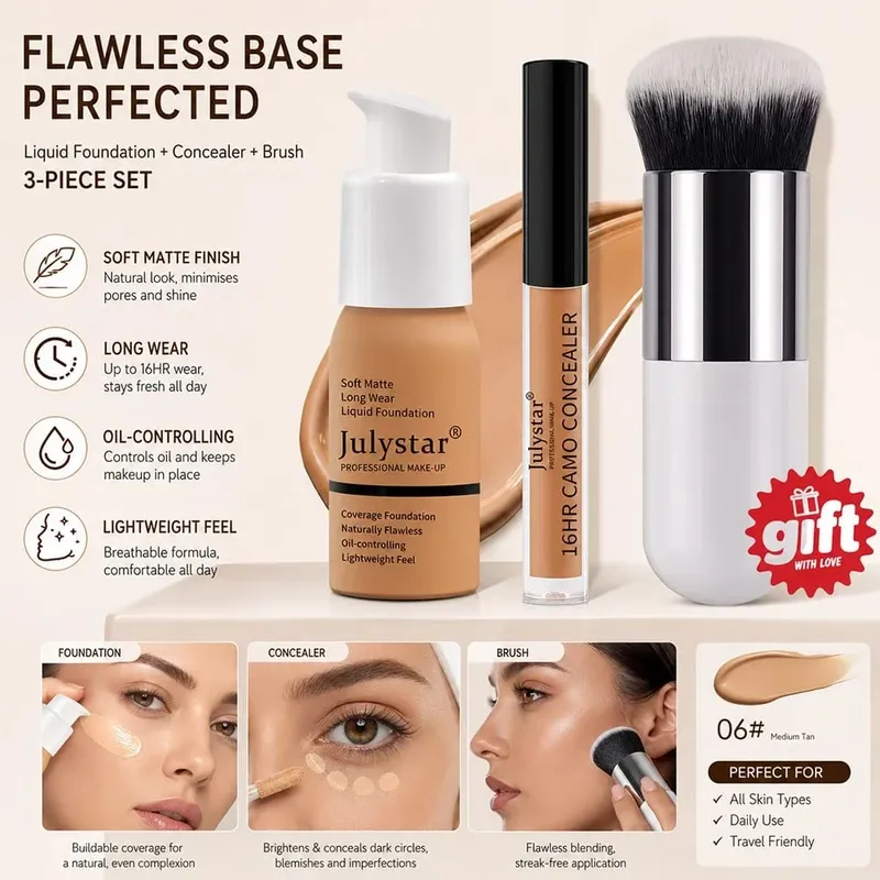 Kit de maquiagem base de 3 peças, base e pincel sem corretivo. Cobertura total leve e mate 16H Oil-Control para um rosto diário natural