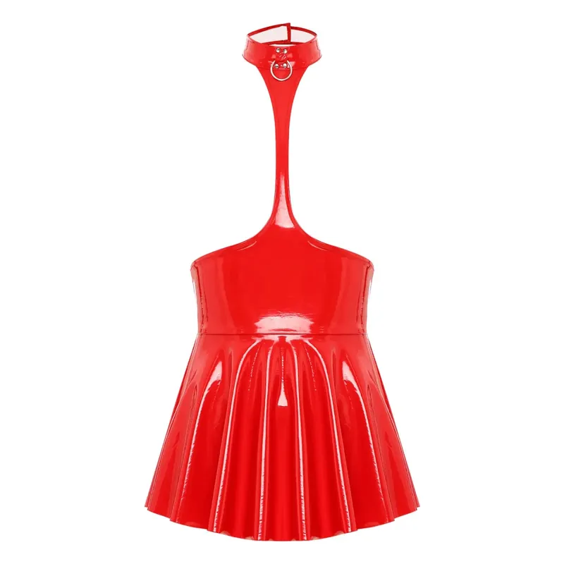 Vestido feminino brilhante metálico falso couro vazado halter costas nuas mini vestido skatista look molhado plissado saia linha festa roupa de balada — image 7