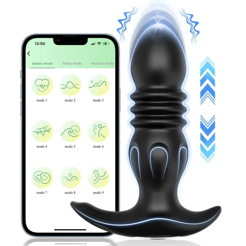 Empurrando Butt Plug para Homens Massageador de Próstata APP Vibrador Anal Telescópico Vibratório Anal Plug Estimulador de Próstata Brinquedo Sexual Homens