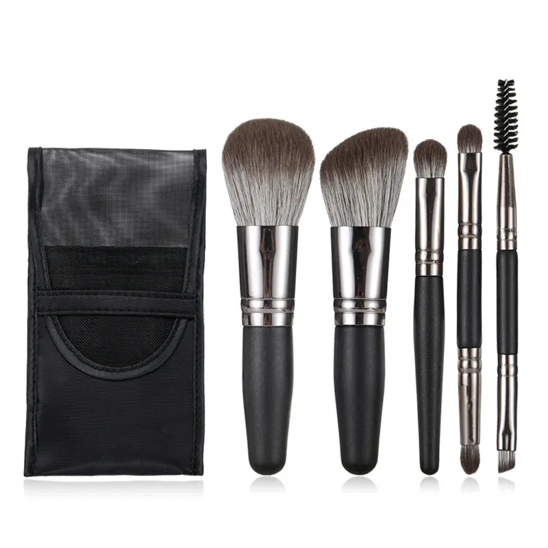 5 Pcs Mini Makeup Brushes Set Eye Shadow Foundation Powder Eyelash Lip Concealer Blush Nature Bristle Set Travel Portable Sof