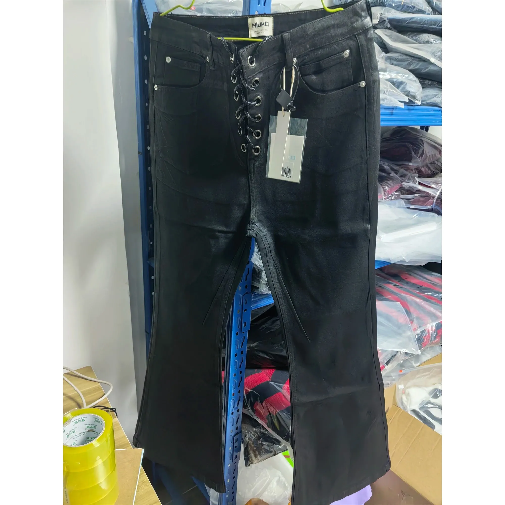 Vintage batik revestimento preto fino ajuste alargamento jeans elasticidade fita estiramento y2k streetwear casual magro sino inferior jeans — image 3