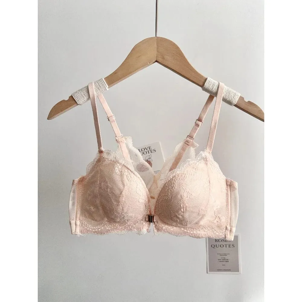 Feminino pequeno busto conjunto de sutiã de renda fechamento frontal sem fio bonito volta push‑up sutiã macio diário lingerie tamanho 32‑38ab